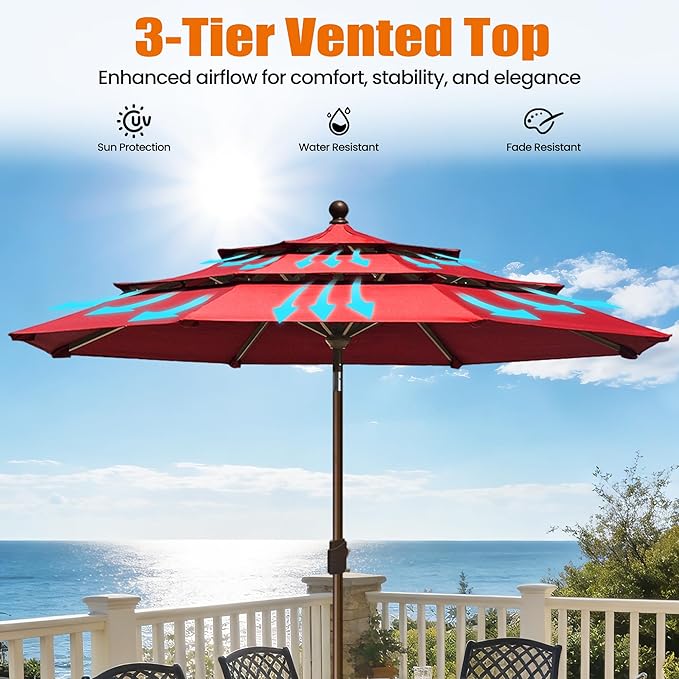 EliteShade USA 10-Year-Non-Fading 10ft 3-Tier Market Patio Umbrella, Commercial Grade Outdoor Table Umbrella with Crank Open, Windproof & UPF 50+ UV Protection, Heavy Duty Ventilation for Garden, Deck, Pool, Backyard, Beach & Bistro, Logo Red