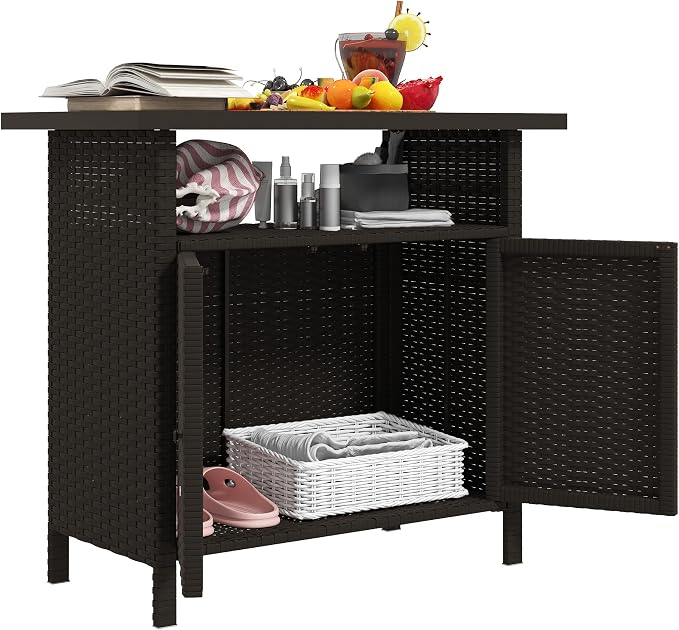 Outsunny Wicker Outdoor Storage Cabinet, Rattan Bar Table with 2 Doors and Shelf, Buffet Sideboard with Metal Slatted Countertop for Poolside, Patio, Backyard, Dark Coffee