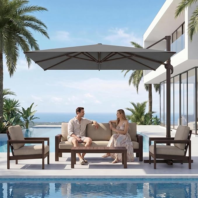 Kingdura 10' X 10' Cantilever Patio Umbrella with Base Included, Large Square Aluminum Outdoor Offset Umbrella with 360-degree Rotation, 4 Position Tilt, UV Protection for Pool Deck Garden Patio (Grey)
