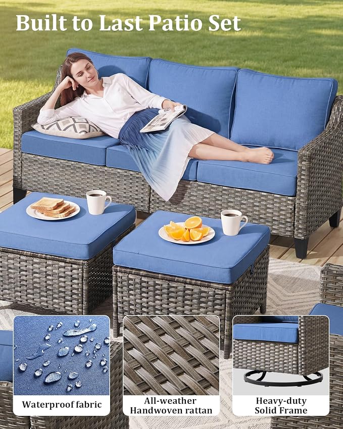 Outdoor Furniture Set of 9, Patio Furniture Set with Swivel Chairs, Sofa, Side Table and Ottomans, High Back&Deep Seat for Garden Deck Porch Balcony Backyard - Blue