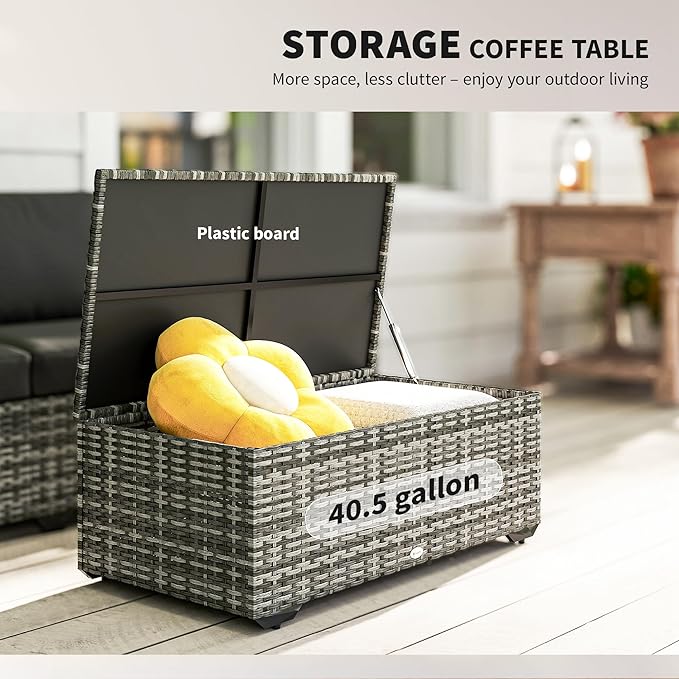 Outsunny 5 Piece Patio Furniture Set with Storage Bin Coffee Table, Wide Deep PE Rattan Wicker Outdoor Conversation Sofa Set with Cushions, Dark Gray
