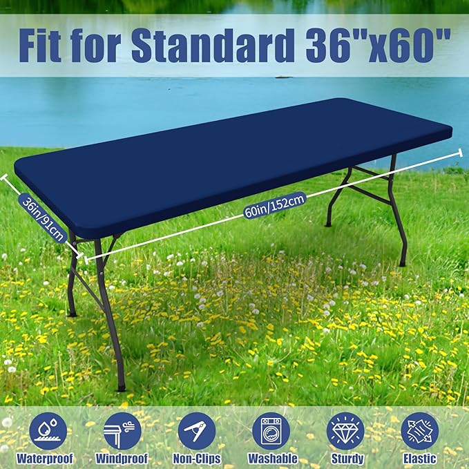 Moosfor Spandex 5 Foot Rectangle Table Cloth 2 Pack, Elastic Fitted Tablecloths for Picnic, Stretch Washable Patio Table Cover for Outdoor, Camping, Banquet and Parties (Navy, 36"x60")