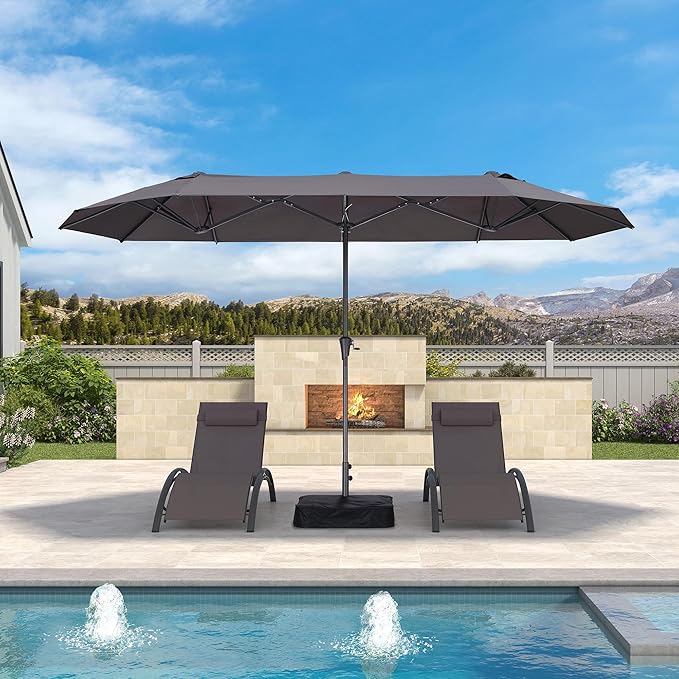 PURPLE LEAF 13ft Double-Sided Patio Umbrella with Base Included Market Rectangle Umbrella Outdoor Table Umbrella with Crank for Pool Garden Deck, Light Grey