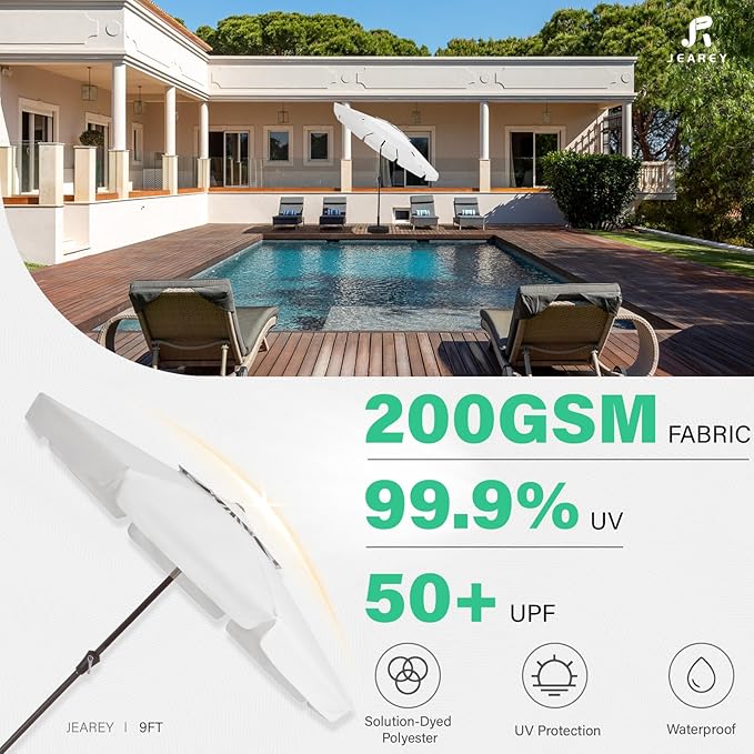 JEAREY 9' 2-Tiers Patio Umbrellas Outdoor Market Table Umbrella w/Push Button Tilt/Crank, 8 Sturdy Ribs, UV Protection Waterproof Sunproof(Cream White)