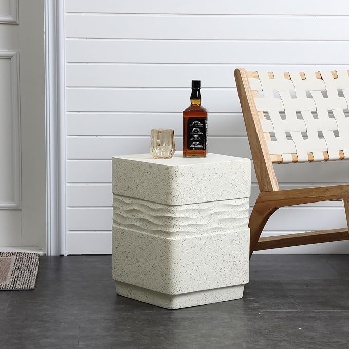 LuxenHome Outdoor Side Table for Patio, Off White with Speckled Gray Square Cement Side Table, 18 Inch End Table for Garden, Outdoor Coffee Table, Garden Stool, Accent Table for Indoor and Outdoor