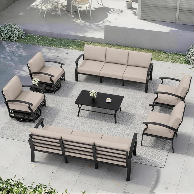 Kurapika Aluminum Patio Furniture Set 10-Seat Modern Metal Outdoor Conversation Sets w/Swivel Rocking Chairs Patio Sectional Sofa w/5.1 Inch Cushion with Rectangular Coffee Table, Sand