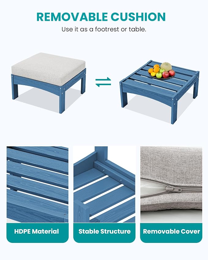 SERWALL 7 Pieces Patio Conversation Set, Heavy Duty HDPE Outdoor Sectional Sofas with Cushions and Coffee, All-Weather Outdoor Couch Set for Backyard, Deck and Porch, Blue Frame with Khaki Cushion