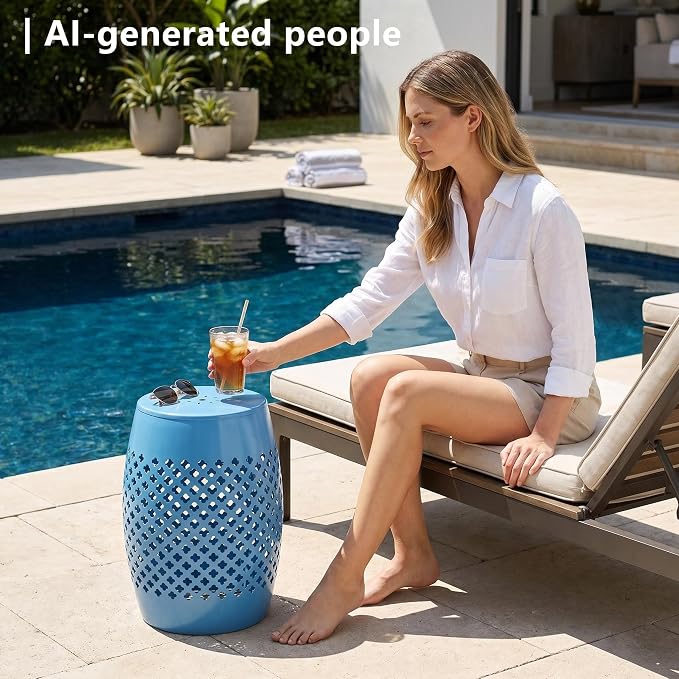 12" Outdoor Side Table, Metal Cutout Drum Side Table, Patio Garden Stool | Coffee End Tables for Small Spaces, Living Room, Backyard, Poolside