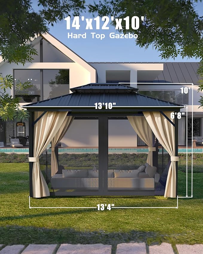 Hardtop Gazebo 12x14 ft, with Reinforced Aluminum Frame, Double Metal Roof, Net, and Curtain, Pergola for Patio, Deck, Backyard, Lawn, and Garden