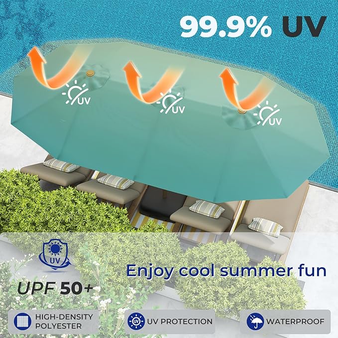 BRIOPAWS 15-FT-Large-Patio-Umbrella-with-Base | Double-Sided | Outdoor Table Umbrellas | w/Crank Handle | 12 Sturdy Fiberglass Rib | UV-Protection | for Garden Deck Backyard Pool | Peacock Blue