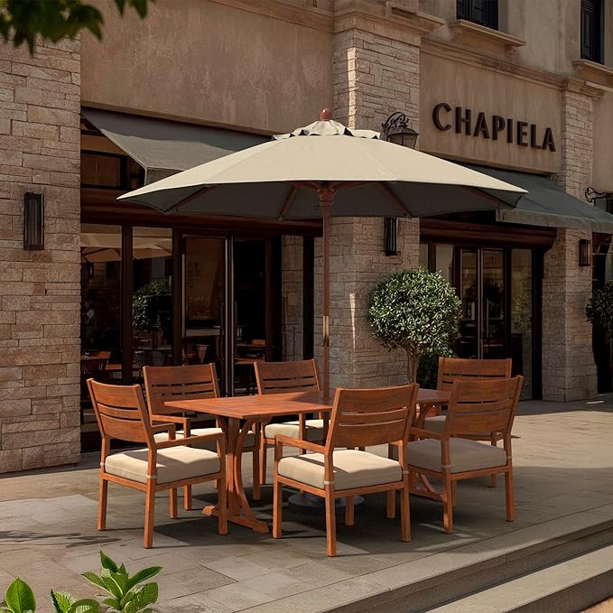 California Umbrella 9' Premium Commercial Hardwood Patio Umbrella, Manual Lift With Pacifica Beige Fabric