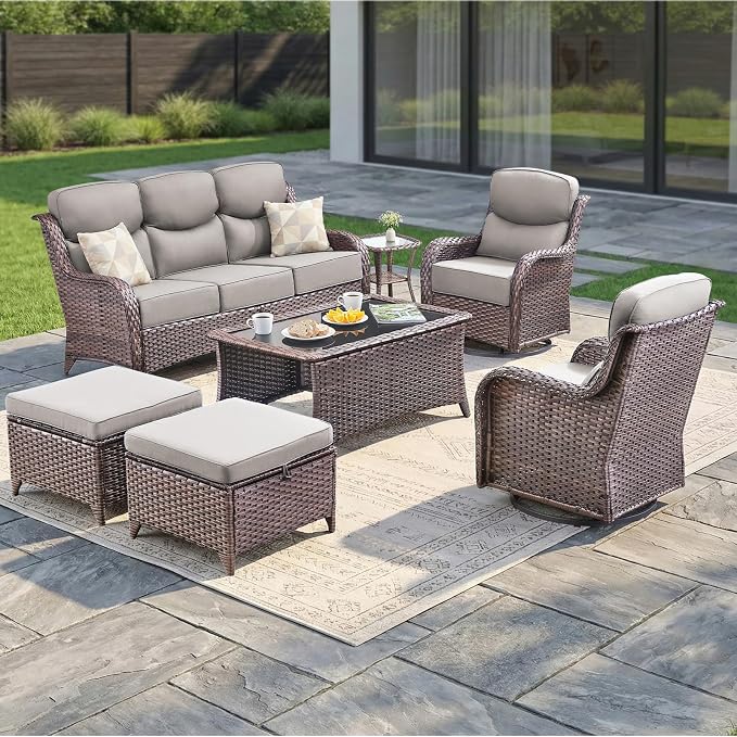 Luxury Swivel Rocker Chair Sofa Set with 6" Thick Cushions,7-Piece Wicker Patio Chair with Coffee Table and Ottoman,Outdoor Comfortable High Back Chair Patio Furniture Set - Brown | Gery