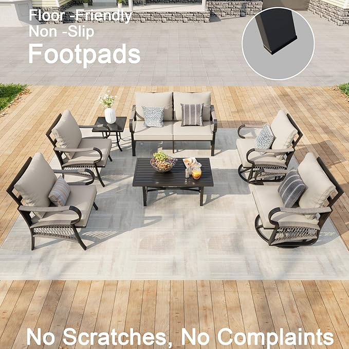 7 Pieces Patio Furniture Set, Metal Outdoor Conversation Sets with Swivel Chairs, Modern Couch Sofa Seating Group with Coffee Table and Side Table (Thick Beige Cushions)