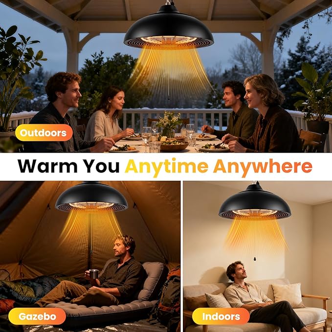 1500W Electric Hanging Patio Heater, 3S Instant Heat, Ceiling-Mounted Outdoor Heater with 3 Modes, Quiet Operation, Overheat Protection, IP55 Waterproof for Patio, Balcony & Garage