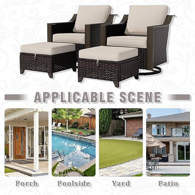 4 Piece Wicker Patio Conversation Set, All-Weather Use Outdoor 2 PE Rattan Swivel Chair, 2 Ottoman, Removable Water-Resistant Cushion, Ideal for Porch, Backyard, Balcony, Poolside, Beige