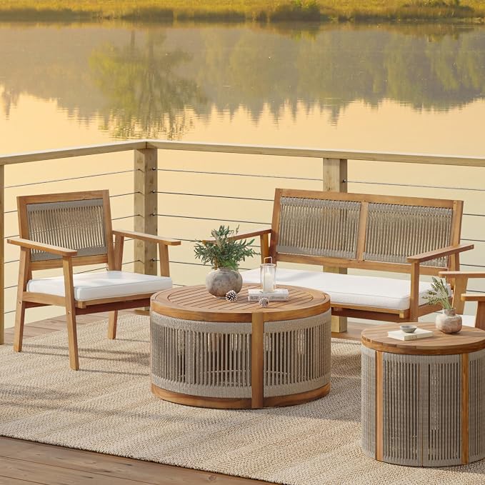 LuxenHome Outdoor Coffee Table, 31'' Acacia Wood Rope Drum Round Sides Patio Tables, Modern Farmhouse Garden Coffee Table, Outdoor Furniture for Porch, Balcony, Outside Furniture