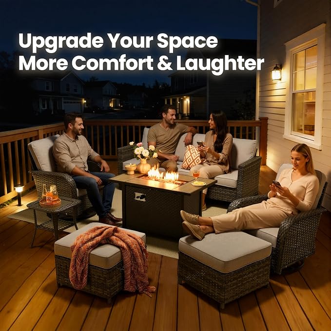 7 Piece Patio Furniture Set with Firepit Swivel Chair, Gray | High Back Swivel Rocker Chairs, Deep Seat Sofa Ottoman, Fire Pit Table, Outdoor Conversation Sets for Porch Deck Backyard