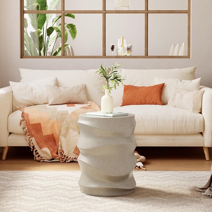 HOMPUS Outdoor Side Table w Water Wave, Unique End Table Patio, Small MgO Round Coffee Table, Lightweight Modern Vintage Garden Plant Stand for Indoor Outdoor Use, Grey
