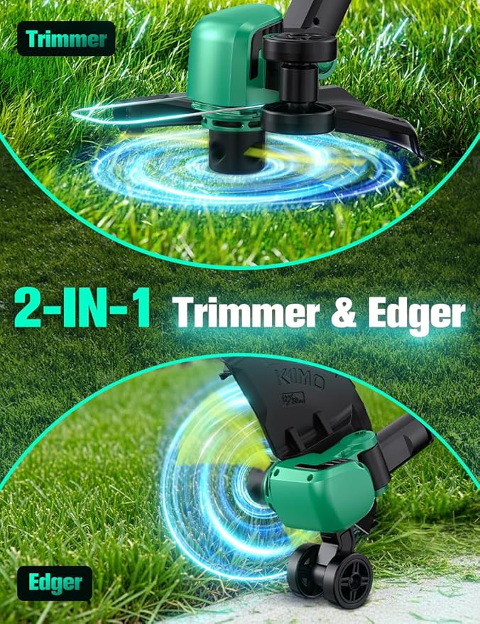 KIMO Cordless Weed Wacker Battery Operated w/ 2 x 2.0Ah Batteries, 12" Weed Eater w/10Pcs Dual-Sided Cutting Lines & Rapid Reload, 2-in-1 String Trimmer & Edger with Wheels, 20V Grass Trimmer for Lawn