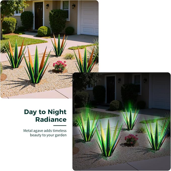 KODIBO Large Metal Agave Plant Outdoor Decor with Solar Light, Vintage Green