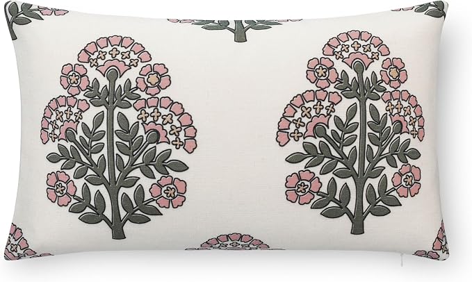 Crumbs Home Modern Farmhouse California Casual Indoor Outdoor Lumbar Pillow Cover, 12"x20" Water Repellent for Patio, Backyard, Couch, Green Dark Rose Block Print Hydrangea Flowers