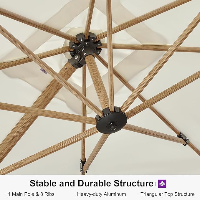 PURPLE LEAF 12FT Patio Umbrella With Base Square Cantilever Umbrella Teak Finished Aluminum Frame Large Windproof Offset Outdoor Sun Umbrellas for Beach Pool Deck, Cream