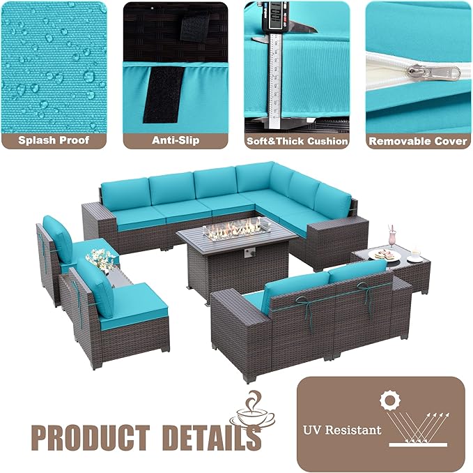 Patio Furniture Sectional Sofa Set 13PCS PE Rattan Patio Conversation Set w/43in Gas Fire Pit Table, Outdoor Furniture with 55000 BTU Propane Fire Pit, Blue
