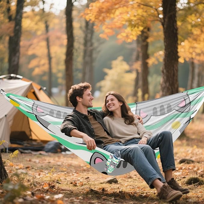 Cute Grey Cat Cartoon 330lb Capacity Camping Hammock with Hanging Rope Backyard Hammock for Indoor Outdoor Patio hamacas para adultos con soporte