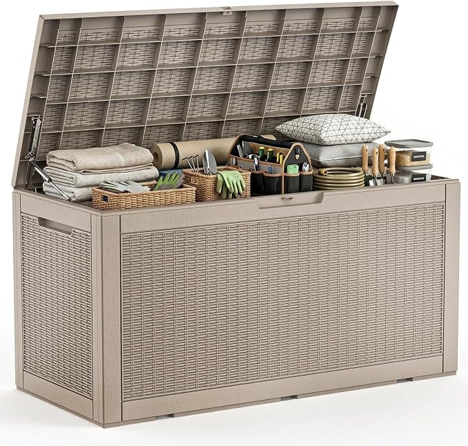 Storage Deck Box Outdoor Waterproof Resin Lockable Outside Bench UV Resistant Bin Patio Porch Furniture Pool Float Garden Tool Cushion (Grey, 120 Gallon)