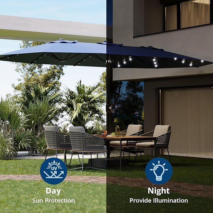 Garvee 15FT Rectangular Outdoor Umbrella Patio Umbrella with Solar Lights & Base Included Large Market Umbrellas with Crank Handle UV Protection Table Umbrellas for Outdoor, Backyard, Deck, Navy Blue