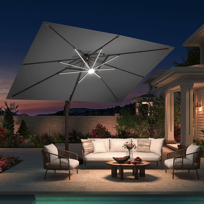 10 X 13 FT Cantilever Patio Umbrella with Base Included & Led Lights Outdoor Rectangle Offset Large Double Top Heavy Duty Umbrellas 360°Rotation for Pool Deck Backyard Garden, Gray