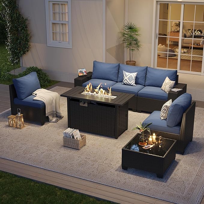 Aoxun Outdoor Patio Furniture Set with 44'' Fire Pit Table, 7 Pcs Outdoor Patio Furniture Sets with 4in Thicken Cushion, Widen Armrests Wicker Outdoor Sectional for Backyard (Gas Converter Include)