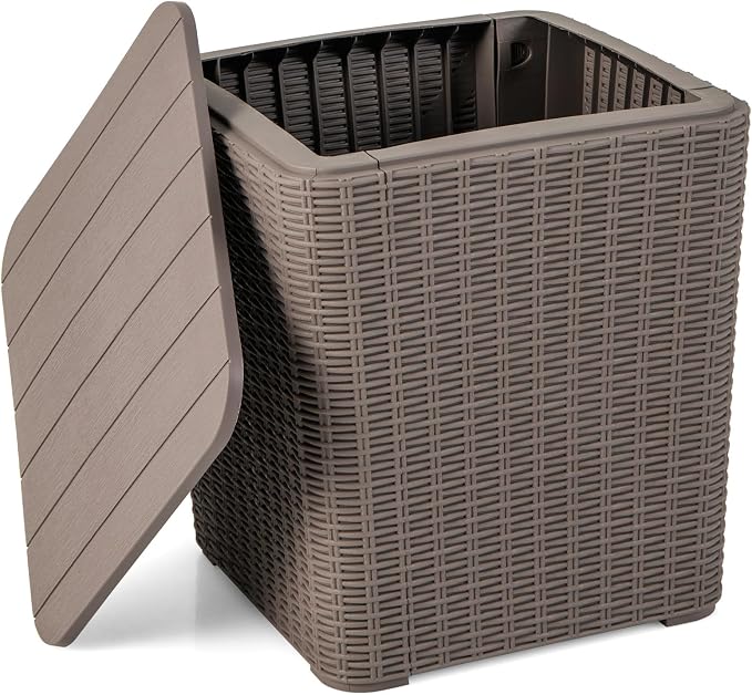 MEDIMALL Resin Wicker Patio Side Table with Lid, 11.5-Gallon Outdoor Deck Box with Concealed Storage Space, Small Square Coffee Table End Table for Porch, Garden, Poolside, Brown/Black (brown)