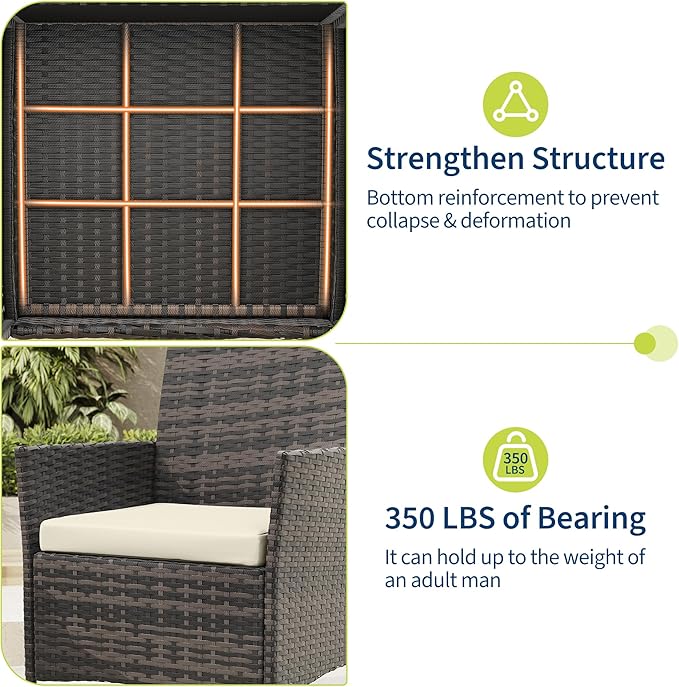 3-Piece Outdoor Furniture Set, PE Rattan Wicker Chairs with Soft Cushions & Tempered Glass Coffee Table - All-Weather Patio Set for Garden, Backyard, Porch, Poolside (Brown/Beige)