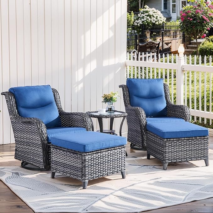Patio Conversation Set with Smile-Shaped Cushions, Luxury Outdoor Swivel Chairs with Side Table and Ottomans, 5PCS PE Rattan Swivel Glider Chairs Set, Grey Wicker|Blue Cushions