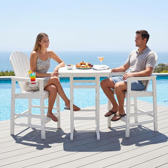 3-Piece HDPE Bar Height Table and Chairs Set, 42.1" Square High Top Pub Table with Umbrella Hole, 2 Adirondack Charis with Cup Holders, Outdoor Patio Dining Set for Bistro Backyard Deck White