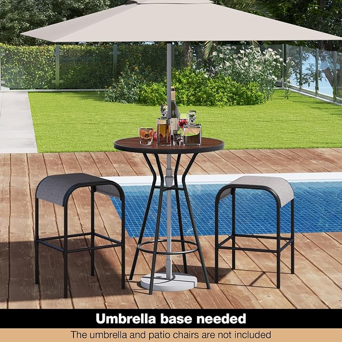 Tangkula 28” Outdoor Bar Table, Round Bar Height Table with Wood-Like Tabletop, Umbrella Hole & Footrest, Patio Bistro Table, High Top Table for Backyard, Garden & Deck