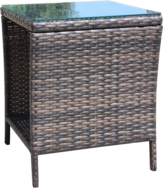 Outdoor Wicker Side Table, 19.25" Patio End Table with Storage & Tempered Glass Top, PE Rattan Coffee Table for Backyard Balcony Garden Lawn, 120 lbs Capacity, Brown