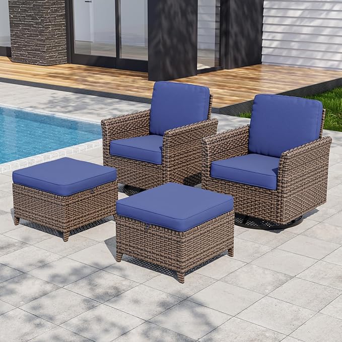 COOS BAY Harbor Retreat 4 Piece Outdoor Furniture Set, Patio Conversation Set with Swivel Rocking Chairs and Ottomans, Wicker Furniture, Brown/Blue