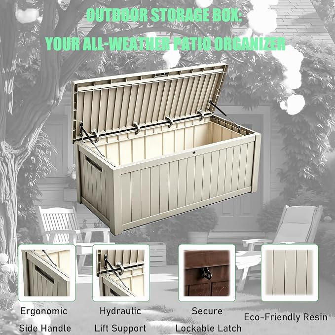 Outdoor Storage Solution with Deck Box Design, Multi-purpose Patio Furniture for Garden Tools, Shoe Storage & Cushions, Strong Storage Bins with Lids Style (beige)