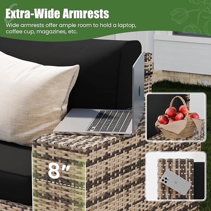 Amopatio 6 Piece Patio Furniture Set with 8" Armrest & 4" Thiken Cushion, Outdoor Wicker Rattan Sectional Sofa Conversation Set for Backyard, Garden, Poolside(Black Cushion)