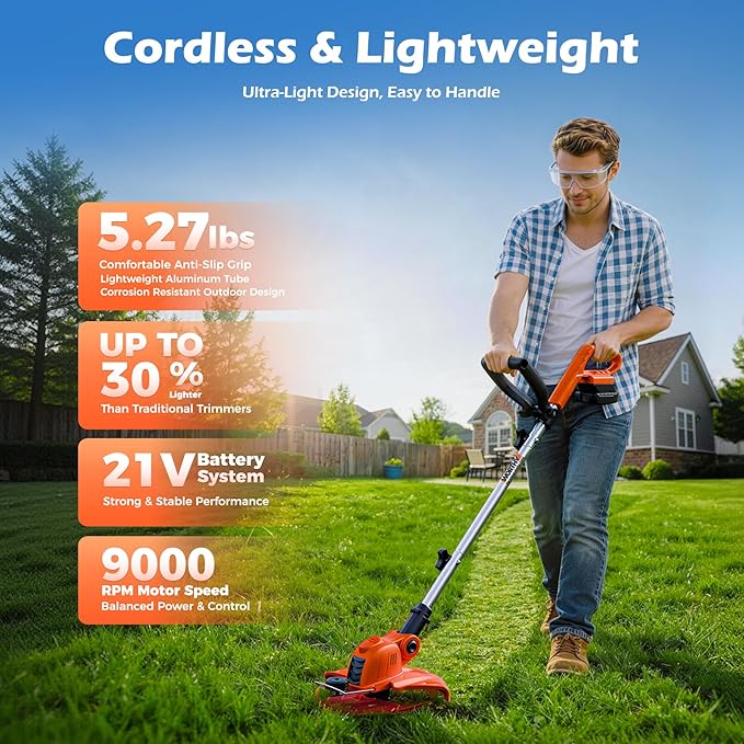 21V Weed Wacker Weed Eater: Electric String Trimmer and Edger 2in1 Lawn Tool Battery Powered 12 Inch Grass Cutter with 2Pack 2000mAh Batteries and Charger, Lightweight for Small Yard Garden Home Use