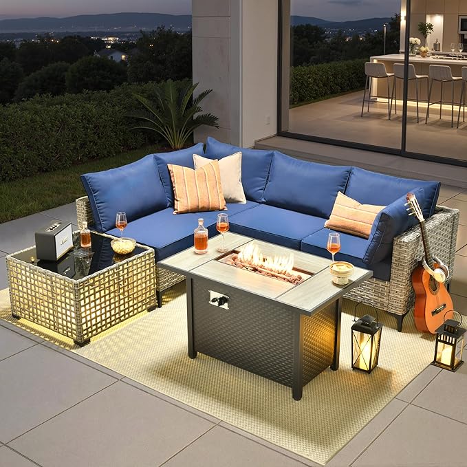 6 Pieces Patio Furniture Set with 42" Fire Pit, All-Weather Rattan Outdoor Sectional Conversation Sets L Shaped Sofas with Solar Light Coffee Table for Porch Balcony Backyard Navy Blue