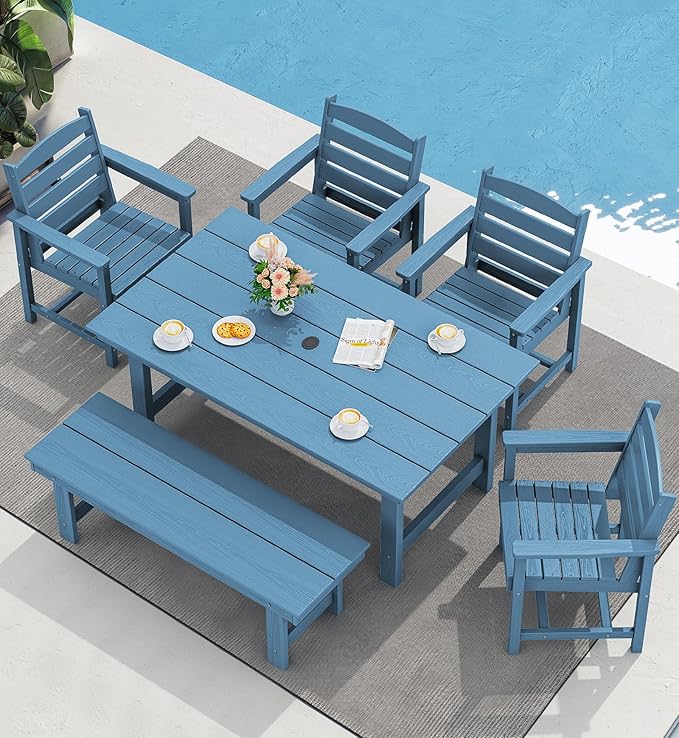 SERWALL 6 Pcs HDPE Dining Set, Includes 1 Table, 1 Bench & 4 Chairs, Blue | Outdoor Dining Set with Bench, All-Weather Resistant SERWALL Dining Set for patio