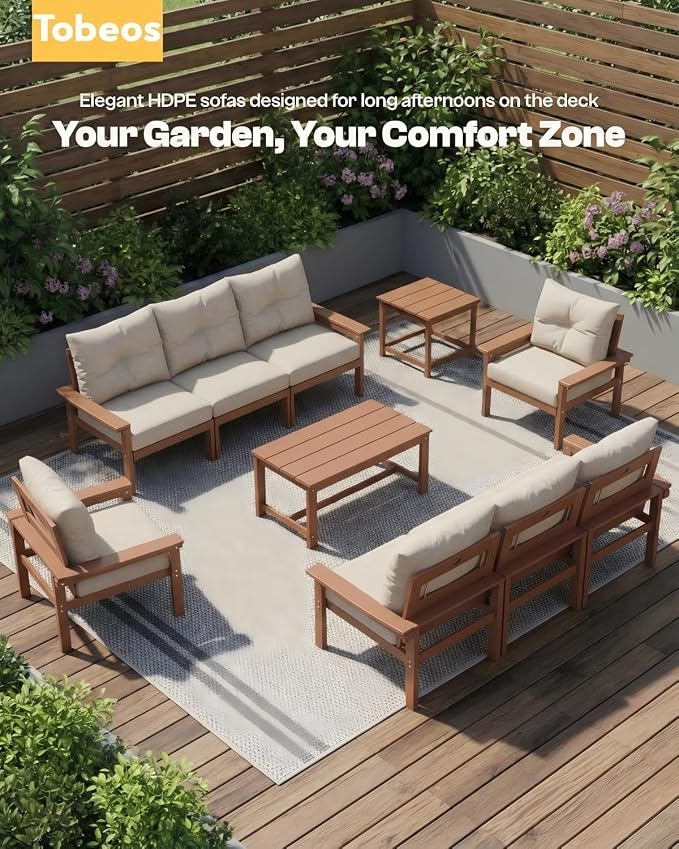 HDPE 4 Piece Patio Furniture Set, All-Weather Outdoor Couch with Thick Cushions & Coffee Table & Side Table, Patio Conversation Sets for Lawn, Garden, Porch, Balcony, Deck, Poolside,Teak Beige
