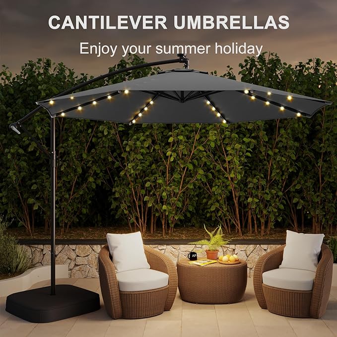 10FT 40-LED Solar Lighted Patio Umbrella with Base Included, Outdoor Offset Cantilever Umbrella, Infinite Tilt, UV Protection for Backyard, Lawn, Garden & Pool