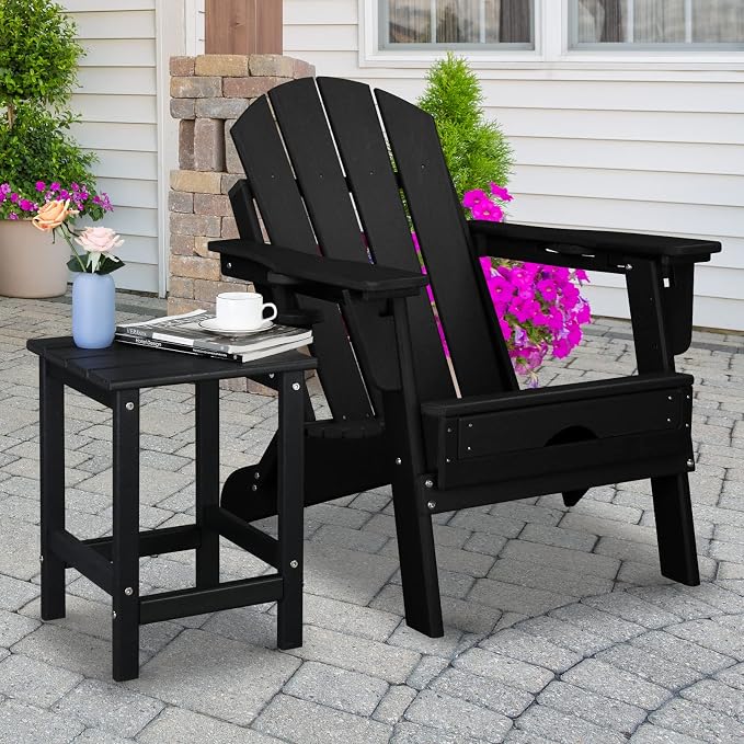 Beach Outdoor Side Table with 2 Layer Storage, Plastic Waterproof and UV Resistant HDPE Adirondack Coffee End Tables, All Weather for Patio, Backyard, Pool, Indoor Use (Square, Black)