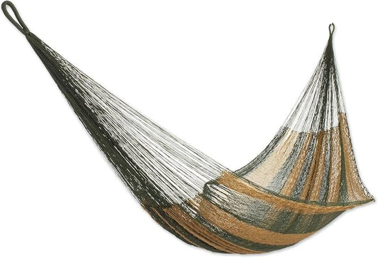 NOVICA Earthtone Olive Green Brown Striped Hand Woven Nylon Mayan 1 Person Rope Hammock with Hanging Accessories, 'Mossy Mountain'