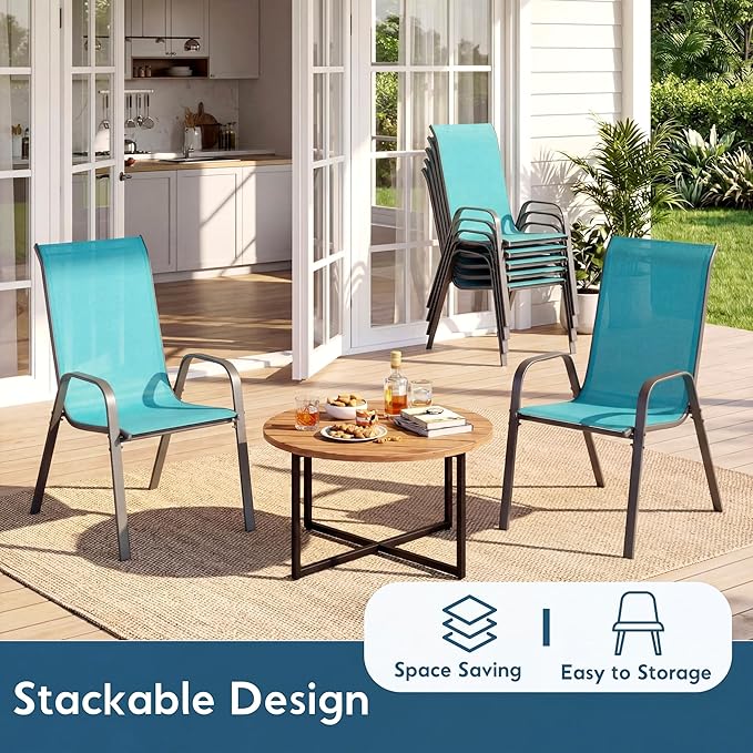 Arlopu 7-Piece Outdoor Table and Chairs for 6, Outdoor Dining Set W/Rectangle Glass Table and Patio Textilene Stackable Chairs, Patio Furniture Set W/Umbrella Hole (Black Table & Sky Blue Chair)