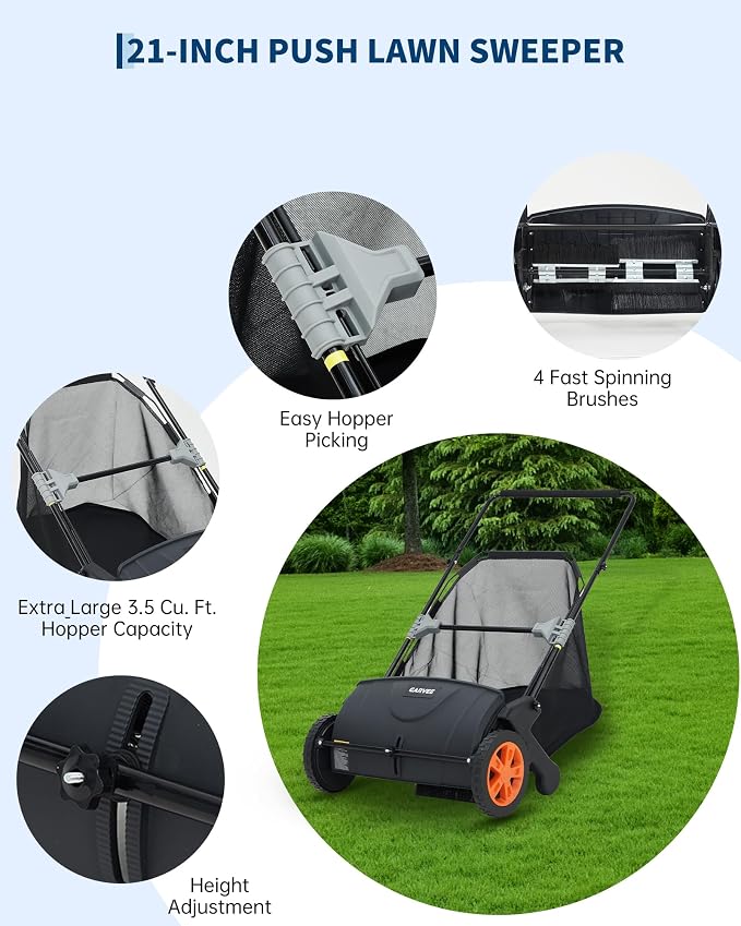 21-Inch Push Lawn Sweeper, 3.5 Cu. Ft. Hopper Leaf & Grass Collector, 4 Spinning Brushes, Adjustable Brush Height, Manual Yard Sweeper for Grass Clippings, Leaves & Light Debris, Black & Orange